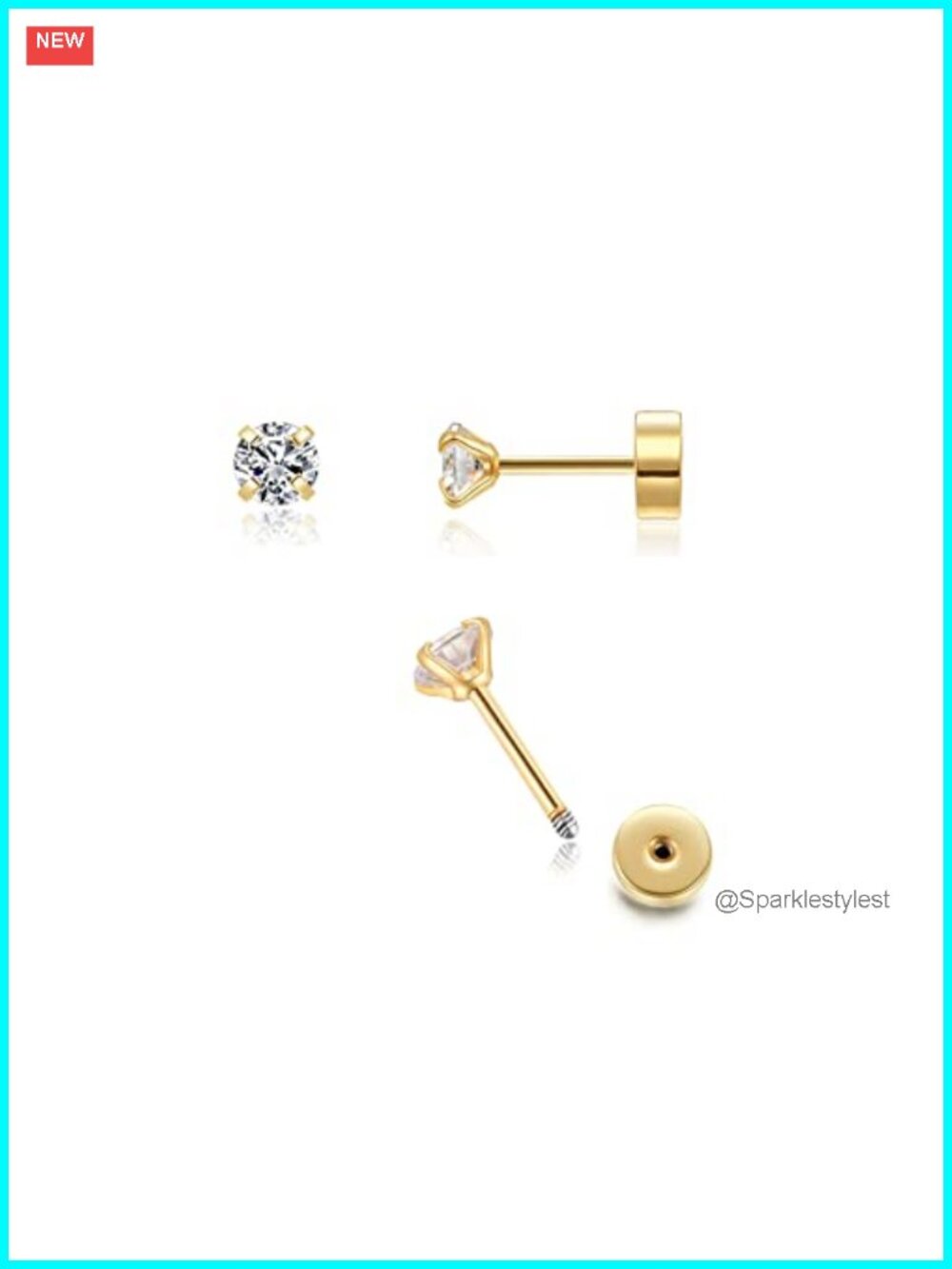 Flat Back Screw Back CZ Stud Earrings Helix Cartilage 20G 2mm 3mm 4mm Gold